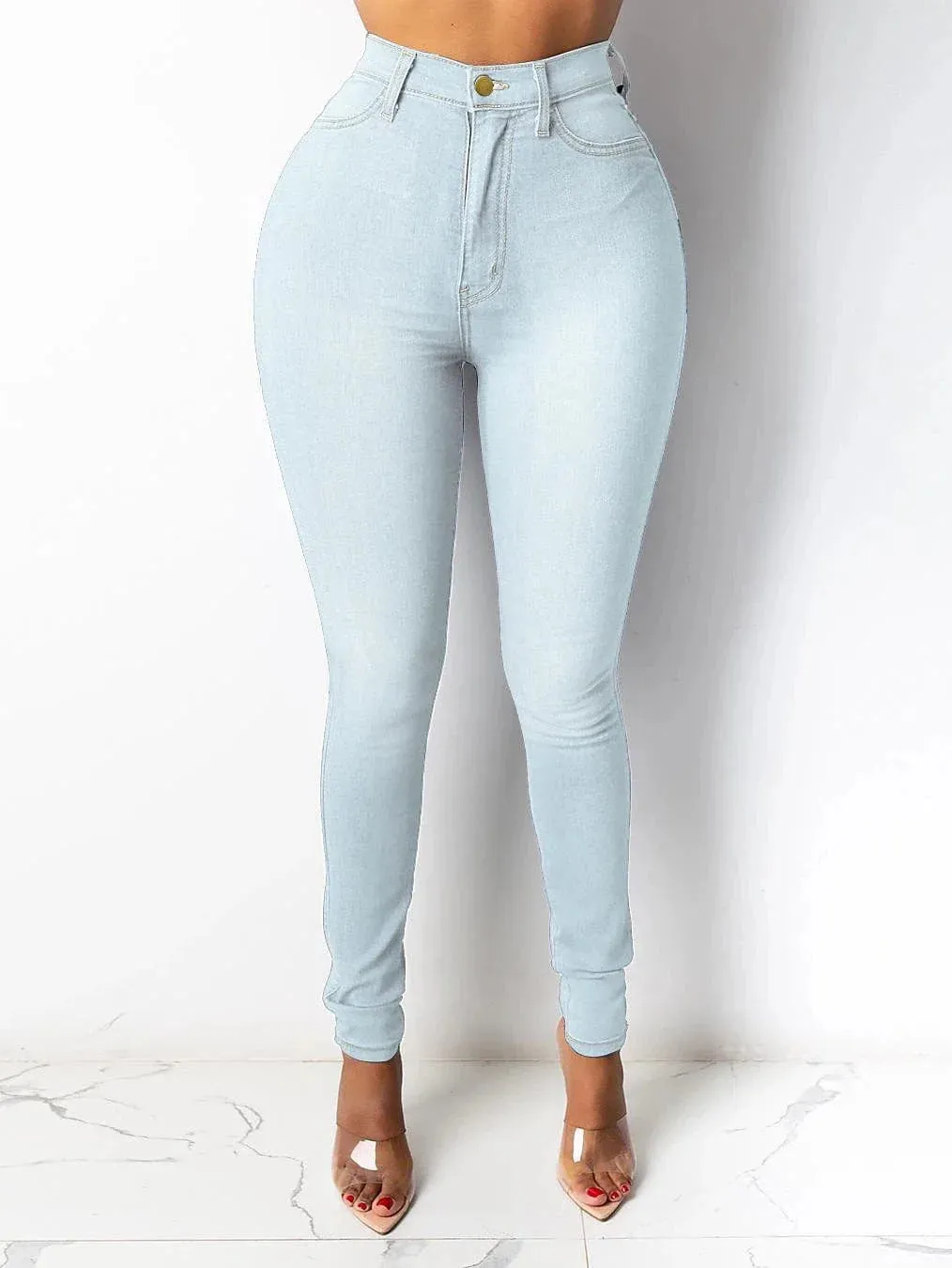 High waist fleece-lined women's denim jeans, regular fit, multiple colors.