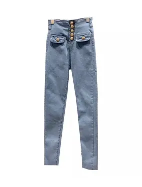 High Waisted Denim Jeans with Buttons