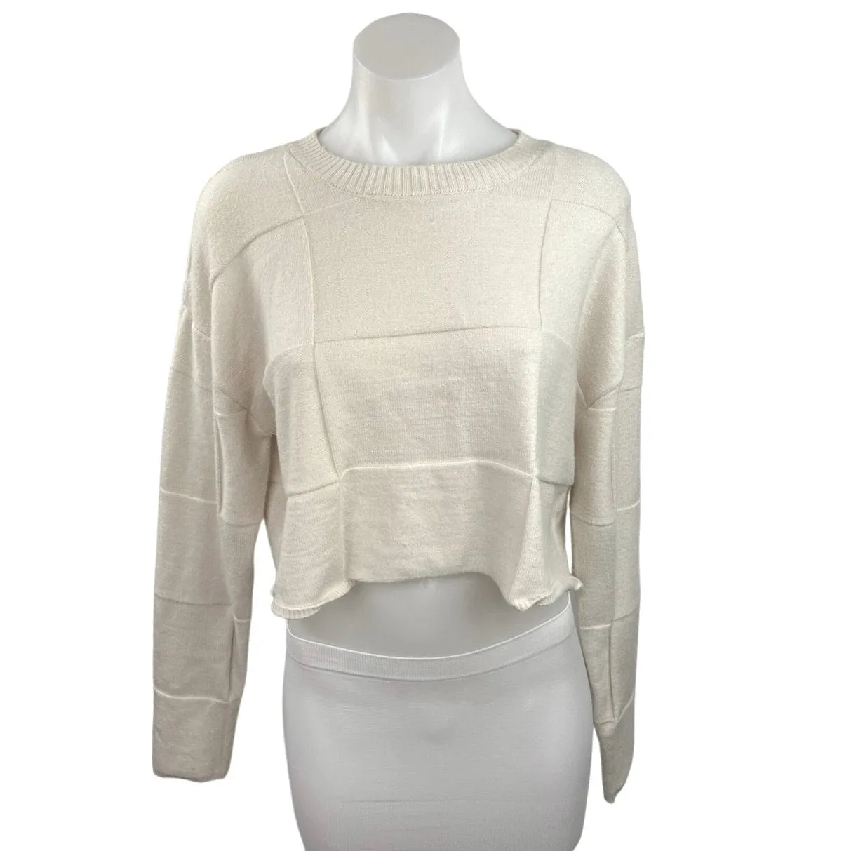 L.A Hearts Cream Pullover Long Sleeve Crew Neck Knit Checked Crop Sweater Top M