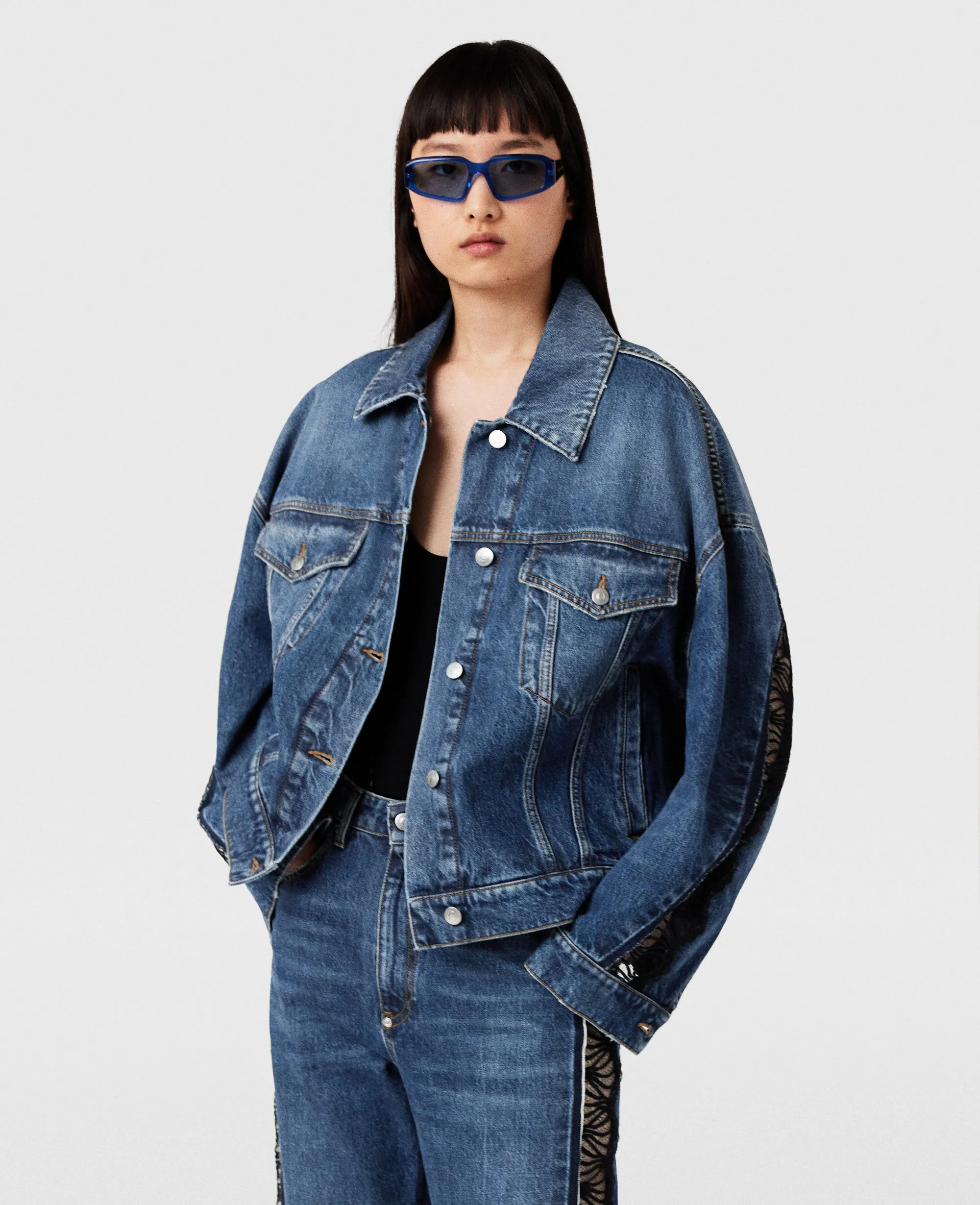 Lace-Insert Denim Jacket