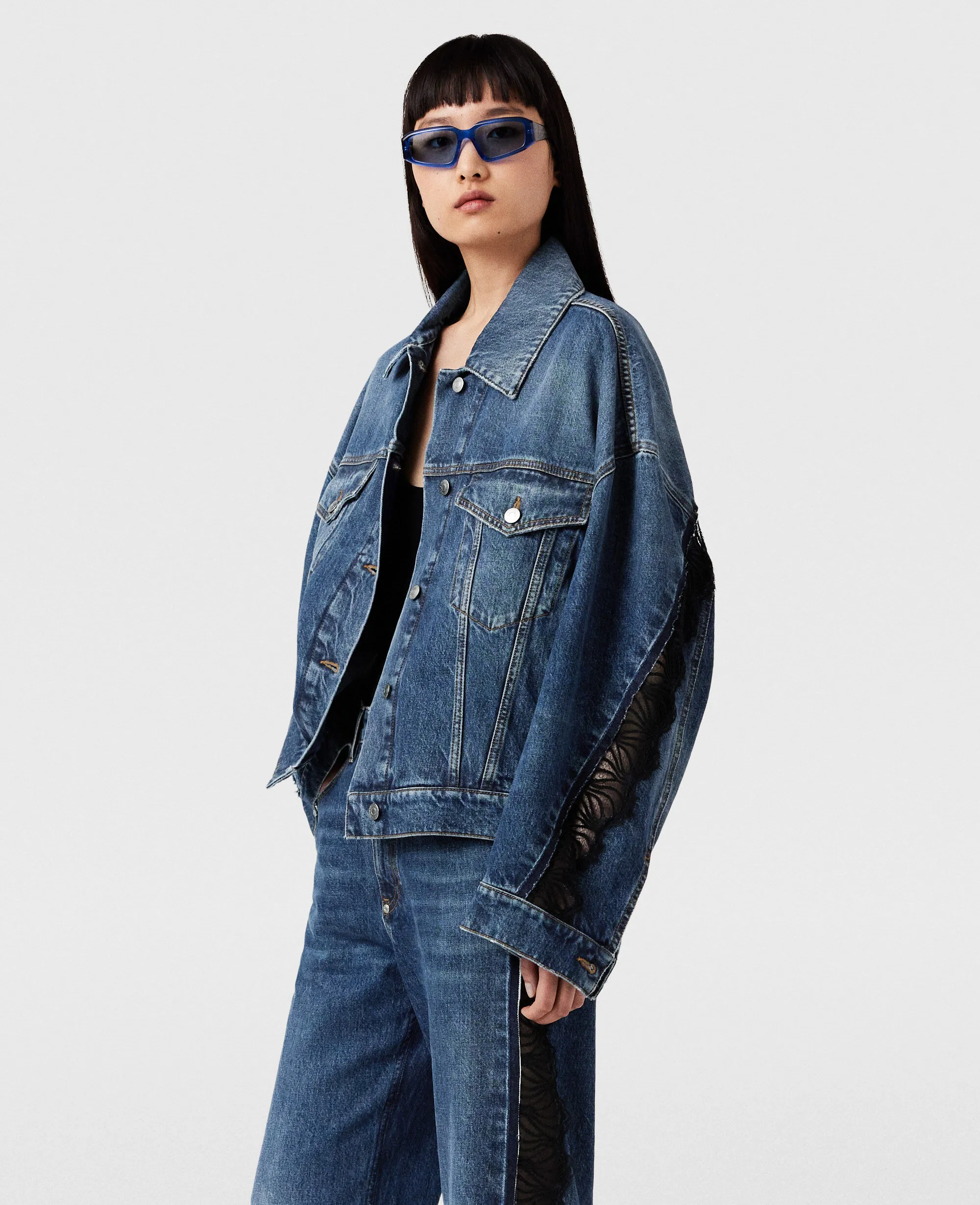 Lace-Insert Denim Jacket