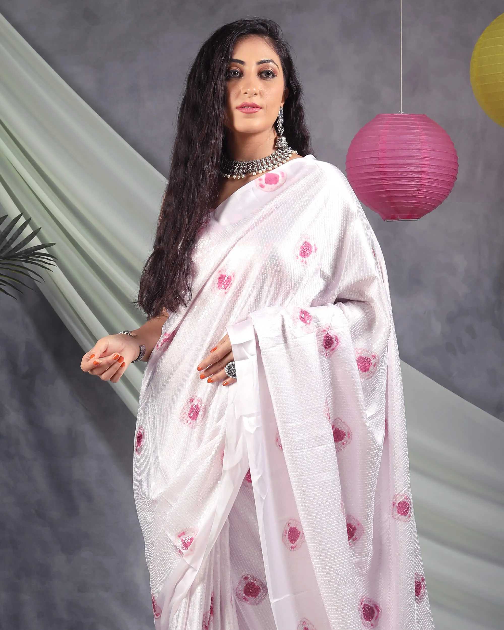 Lace Pink Shibori Pattern All Over Sequins Digital Print Japan Satin Saree