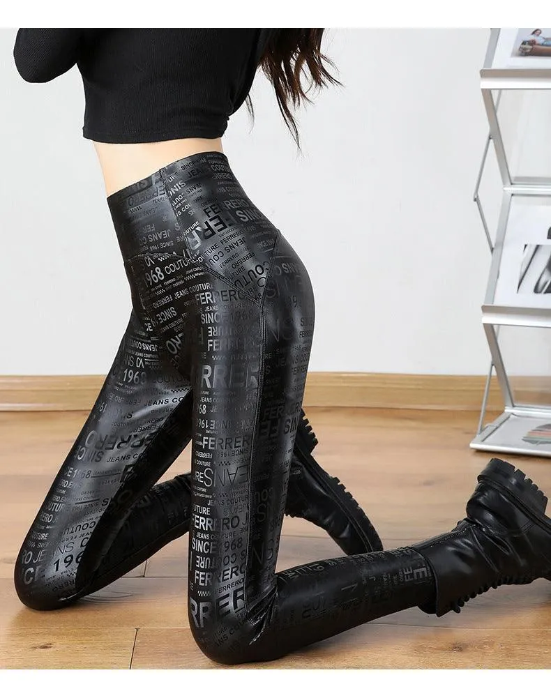 Letter Graffiti Leather Leggings for Women - Gothic Style Pencil Pants.