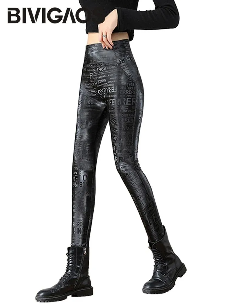 Letter Graffiti Leather Leggings for Women - Gothic Style Pencil Pants.