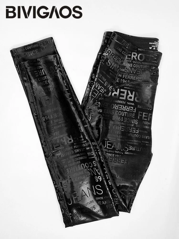 Letter Graffiti Leather Leggings for Women - Gothic Style Pencil Pants.