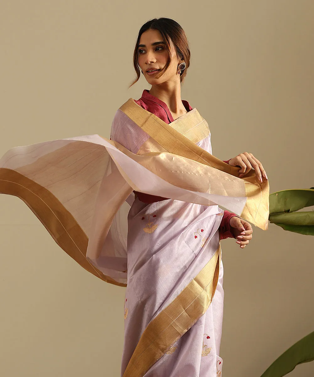 Light Mauve Handloom Pure Silk Chanderi Saree With Zari And Meenakari Floral Boota And Zari Border