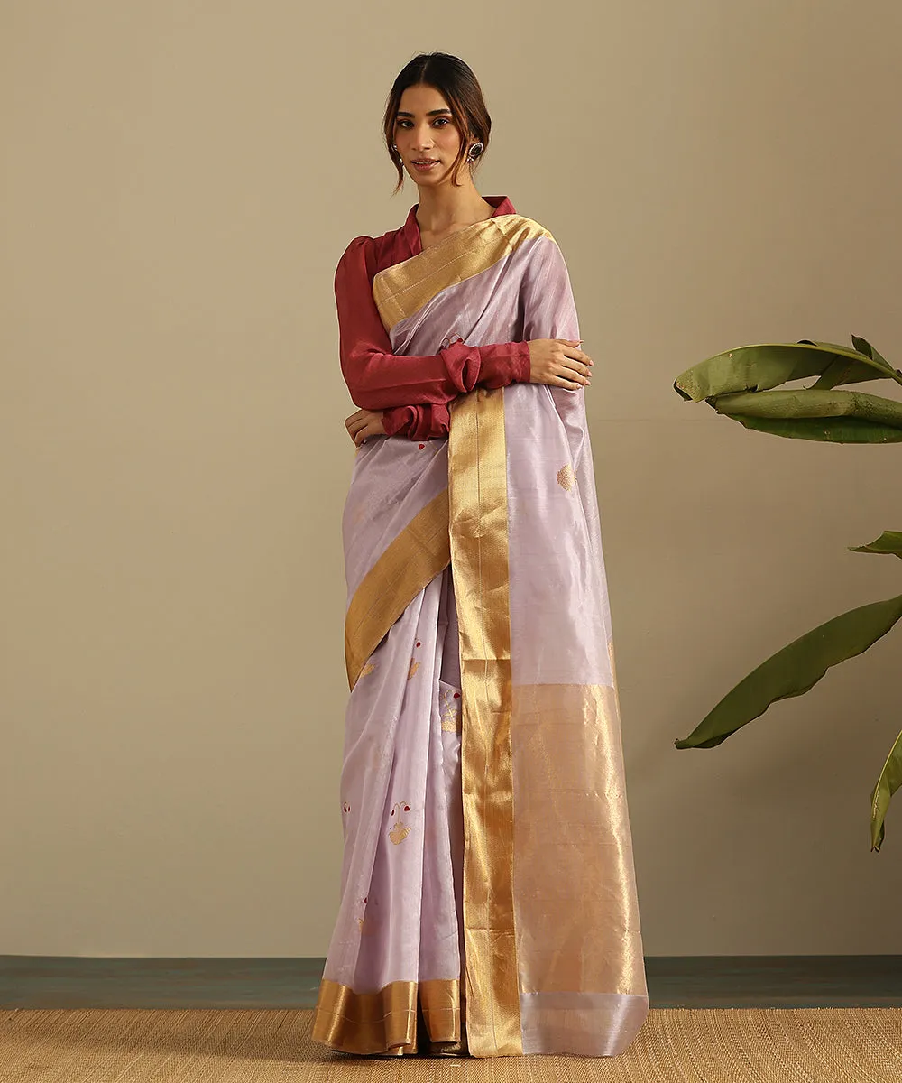 Light Mauve Handloom Pure Silk Chanderi Saree With Zari And Meenakari Floral Boota And Zari Border