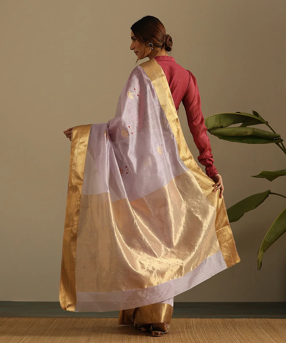 Light Mauve Handloom Pure Silk Chanderi Saree With Zari And Meenakari Floral Boota And Zari Border