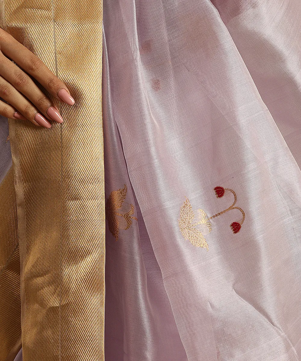 Light Mauve Handloom Pure Silk Chanderi Saree With Zari And Meenakari Floral Boota And Zari Border