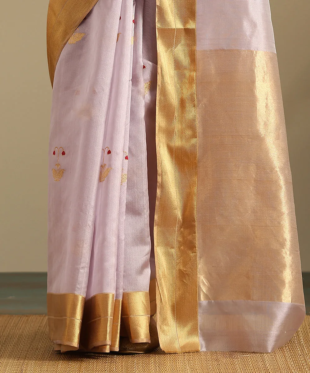 Light Mauve Handloom Pure Silk Chanderi Saree With Zari And Meenakari Floral Boota And Zari Border