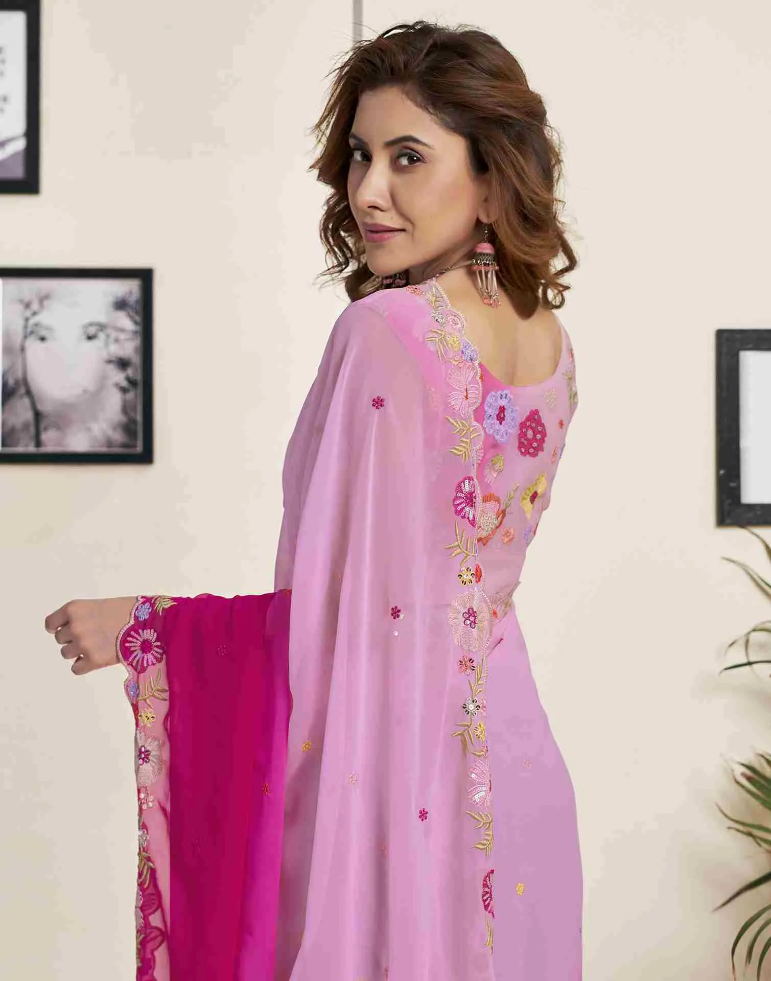 Light Pink Georgette Plain Embroidery Saree