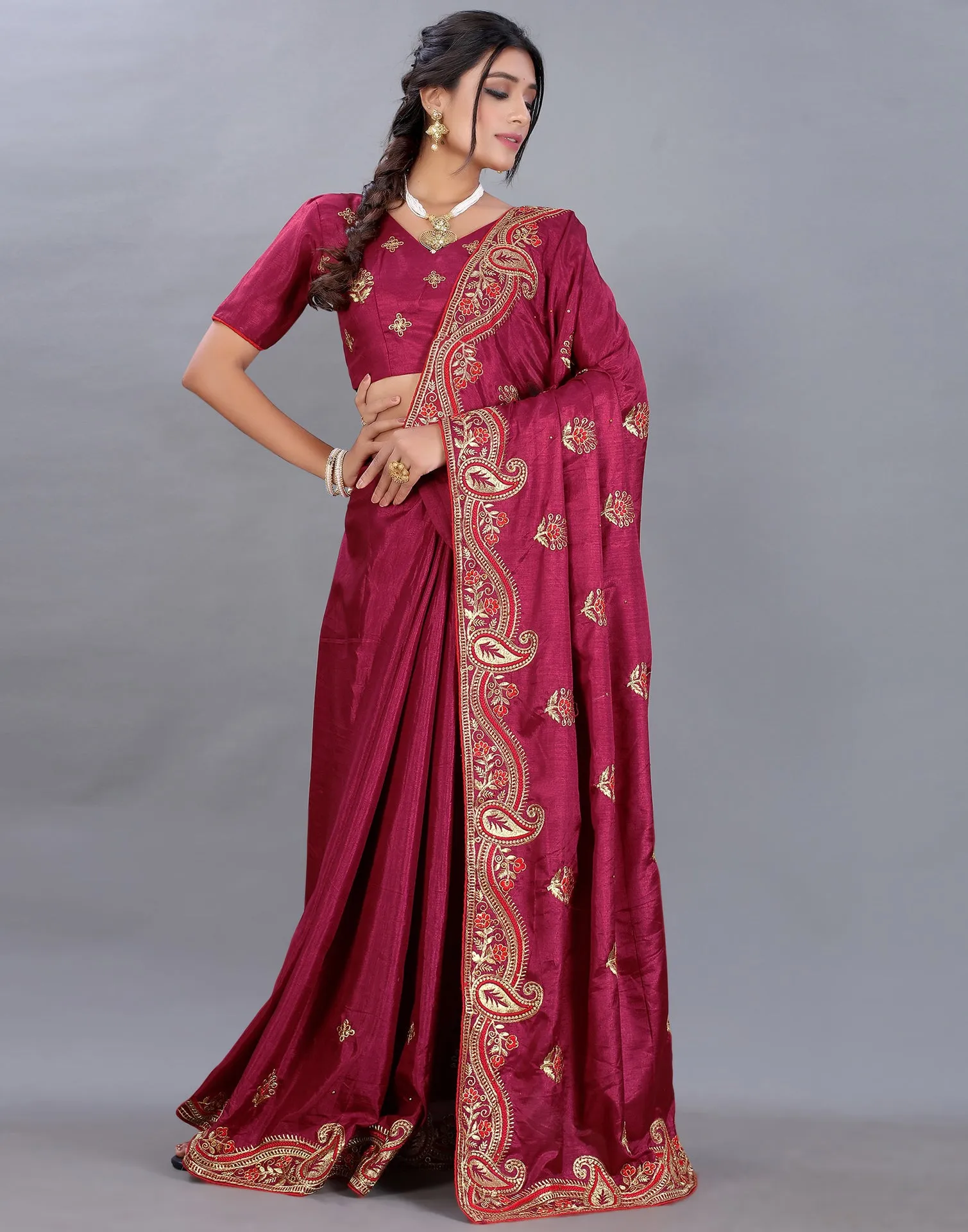 Maroon Embroidery Saree