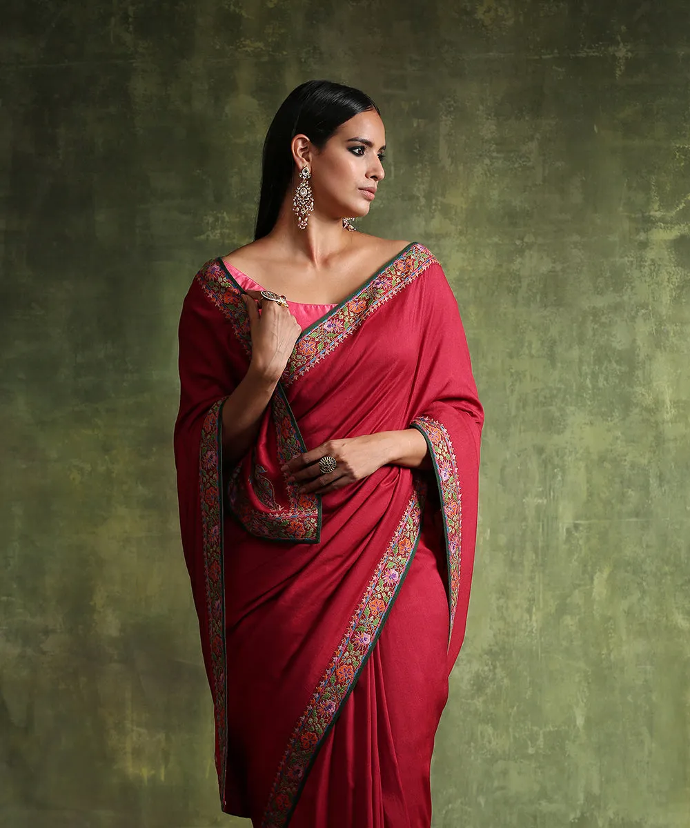 Maroon Handloom Moonga Silk Saree With Embroidered Border