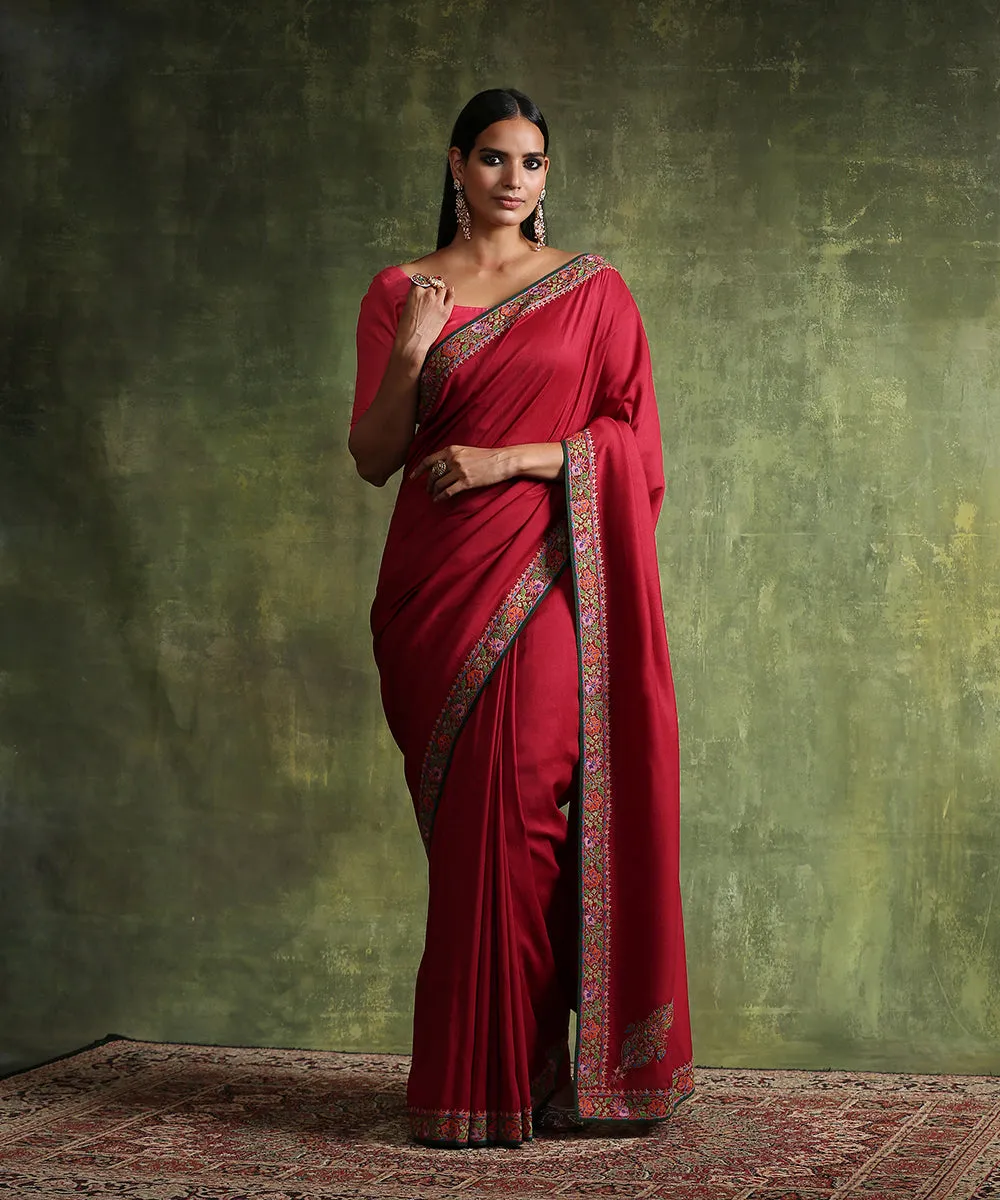 Maroon Handloom Moonga Silk Saree With Embroidered Border