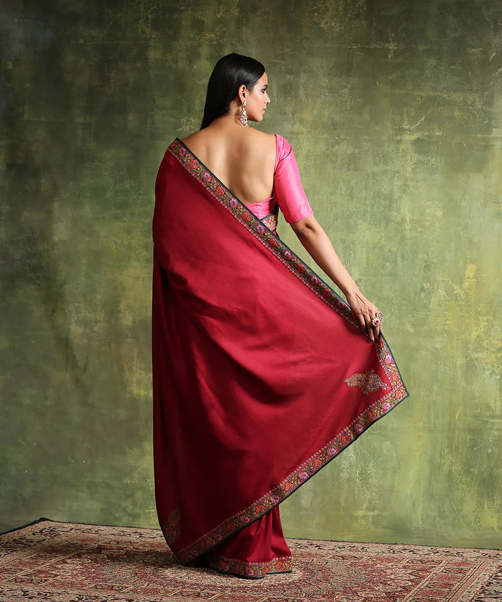 Maroon Handloom Moonga Silk Saree With Embroidered Border