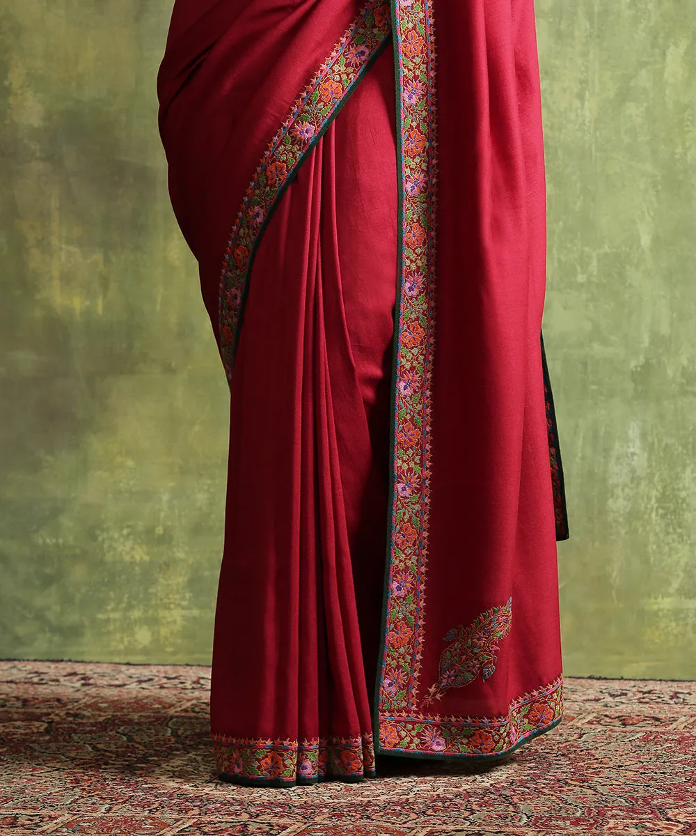 Maroon Handloom Moonga Silk Saree With Embroidered Border