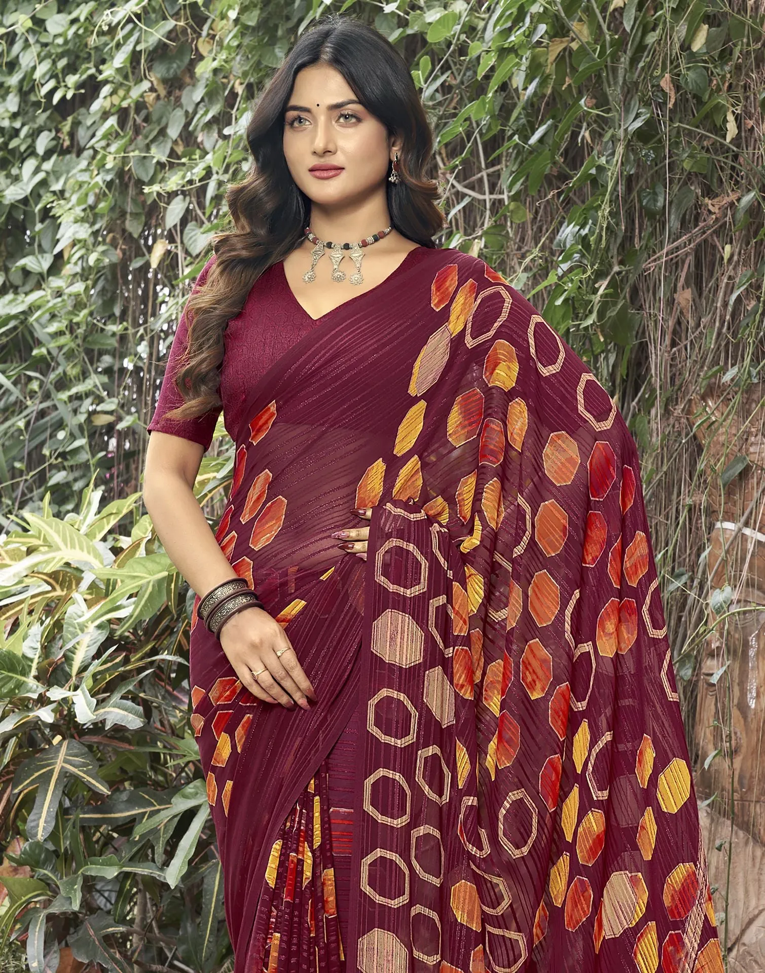 Maroon Printed Saree