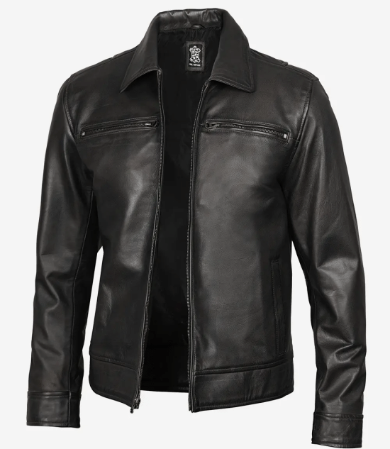 Men's Black Leather Jacket- Shirt Collar Style