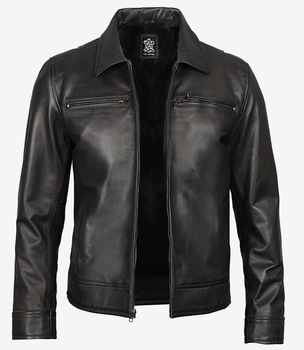 Men's Black Leather Jacket- Shirt Collar Style