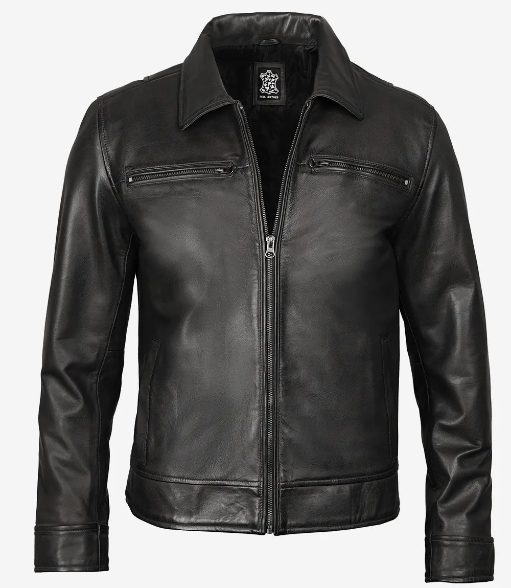 Men's Black Leather Jacket- Shirt Collar Style