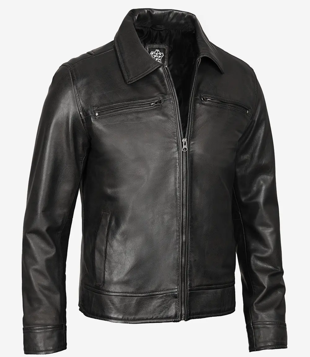 Men's Black Leather Jacket- Shirt Collar Style