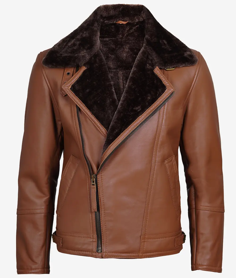 Men's Cognac Shearling Leather Moto Jacket - Asymmetrical Shearling Lining