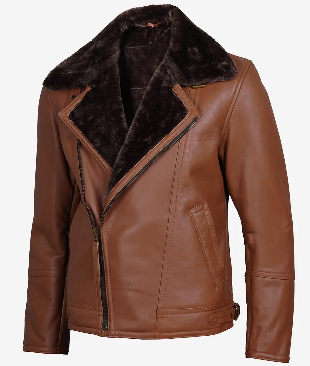 Men's Cognac Shearling Leather Moto Jacket - Asymmetrical Shearling Lining