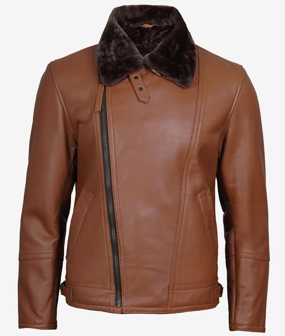 Men's Cognac Shearling Leather Moto Jacket - Asymmetrical Shearling Lining