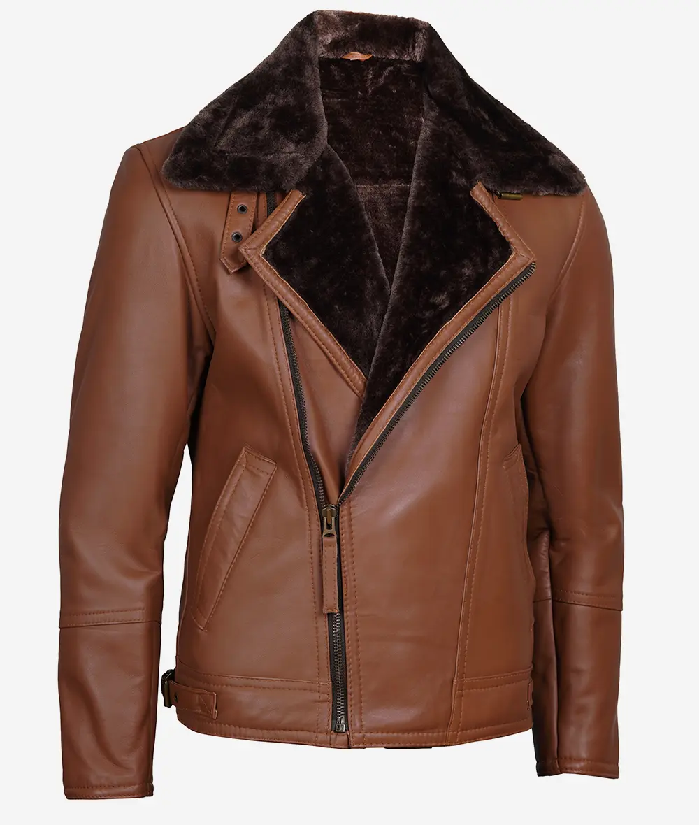 Men's Cognac Shearling Leather Moto Jacket - Asymmetrical Shearling Lining