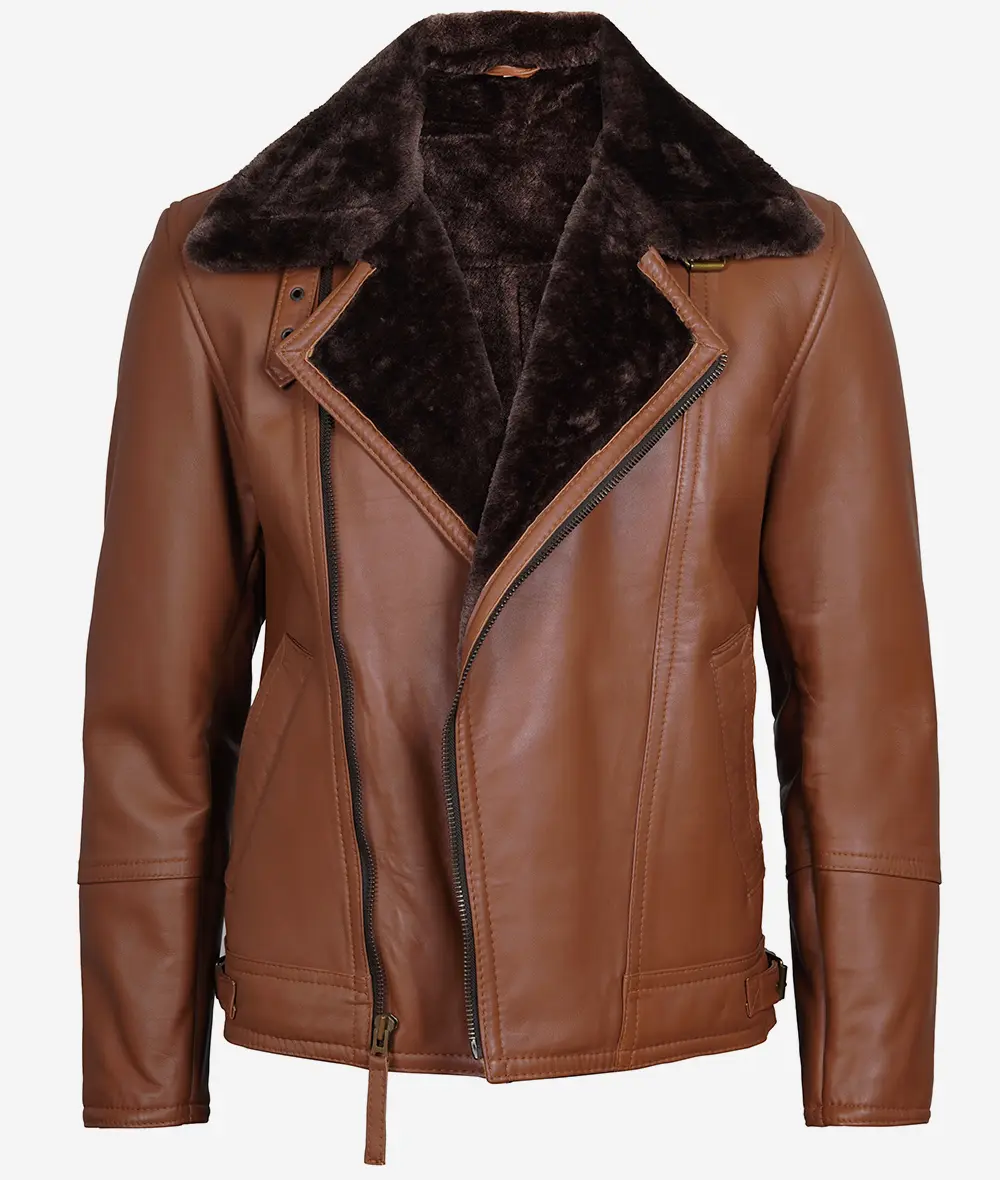 Men's Cognac Shearling Leather Moto Jacket - Asymmetrical Shearling Lining