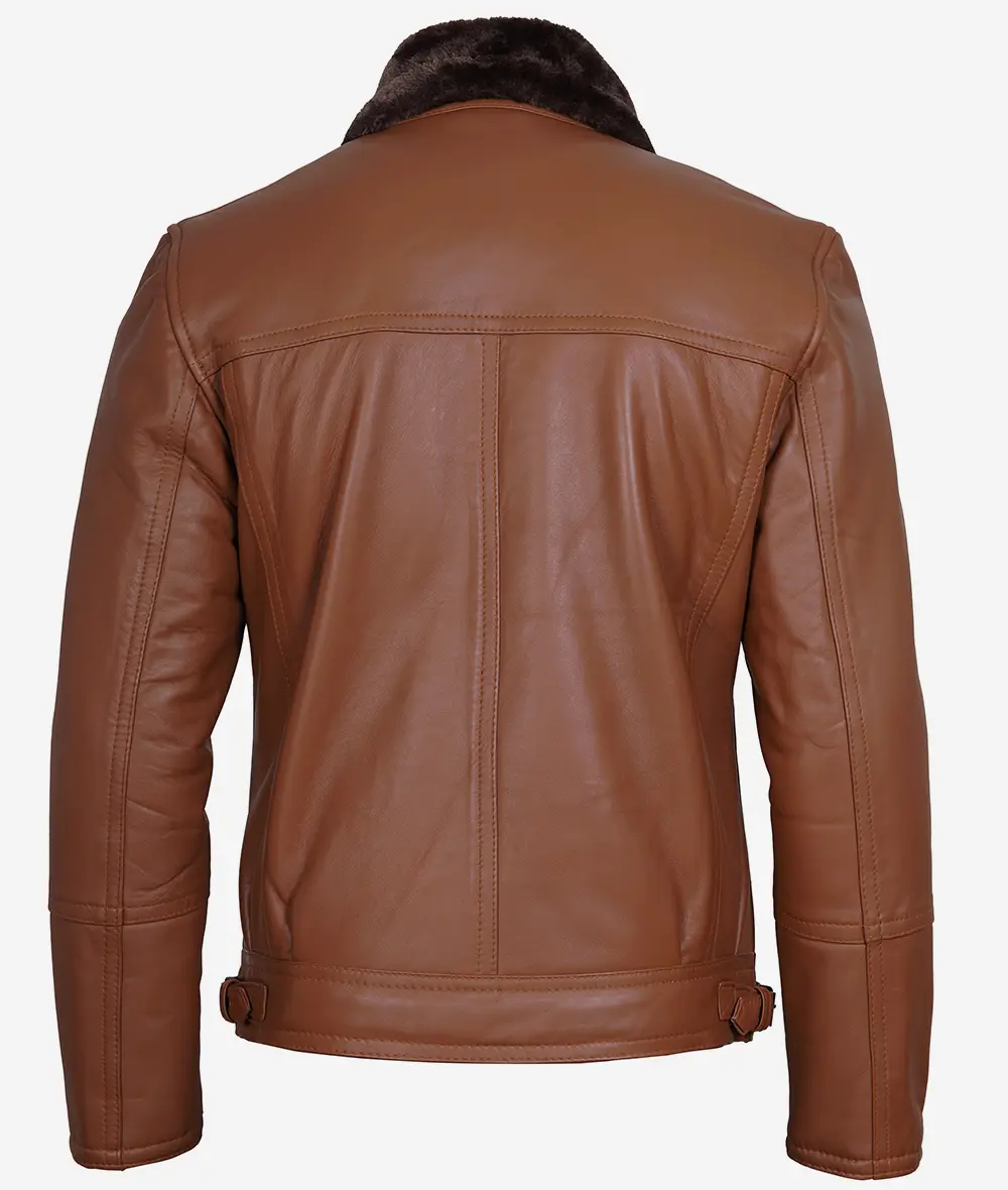 Men's Cognac Shearling Leather Moto Jacket - Asymmetrical Shearling Lining