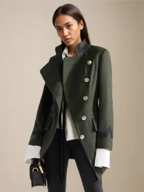 Military Wool Coat Women Asymmetrical Buttons Pockets Hunter Green Long Sleeve Winter Coat Cozy Active Outerwear