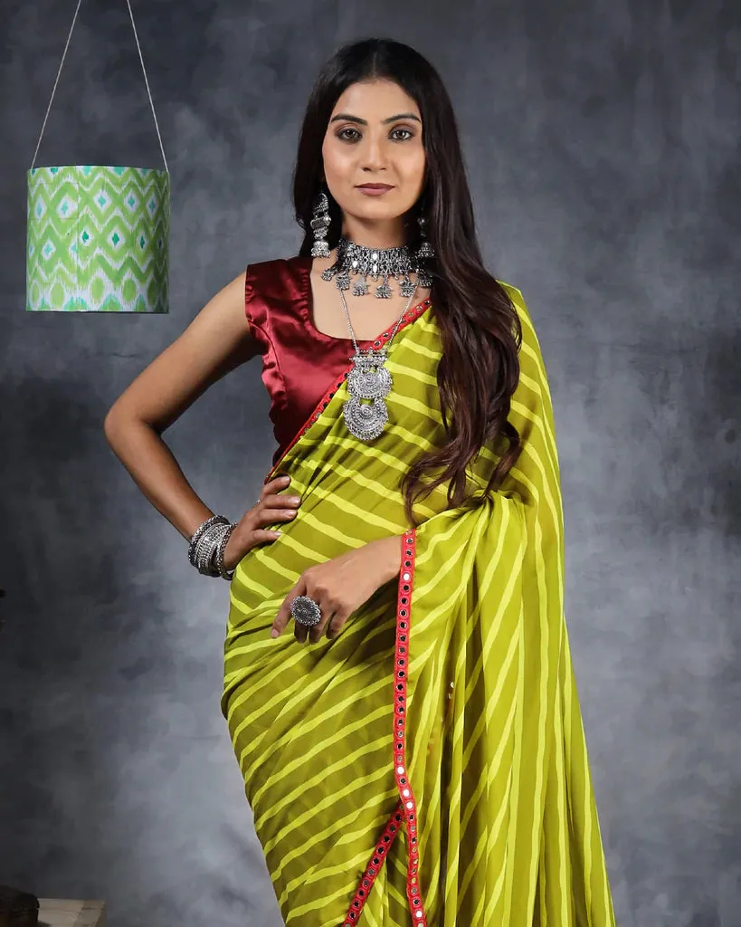 Moss Green Leheriya Pattern Digital Print Georgette Saree With Mirror Work Lace Border