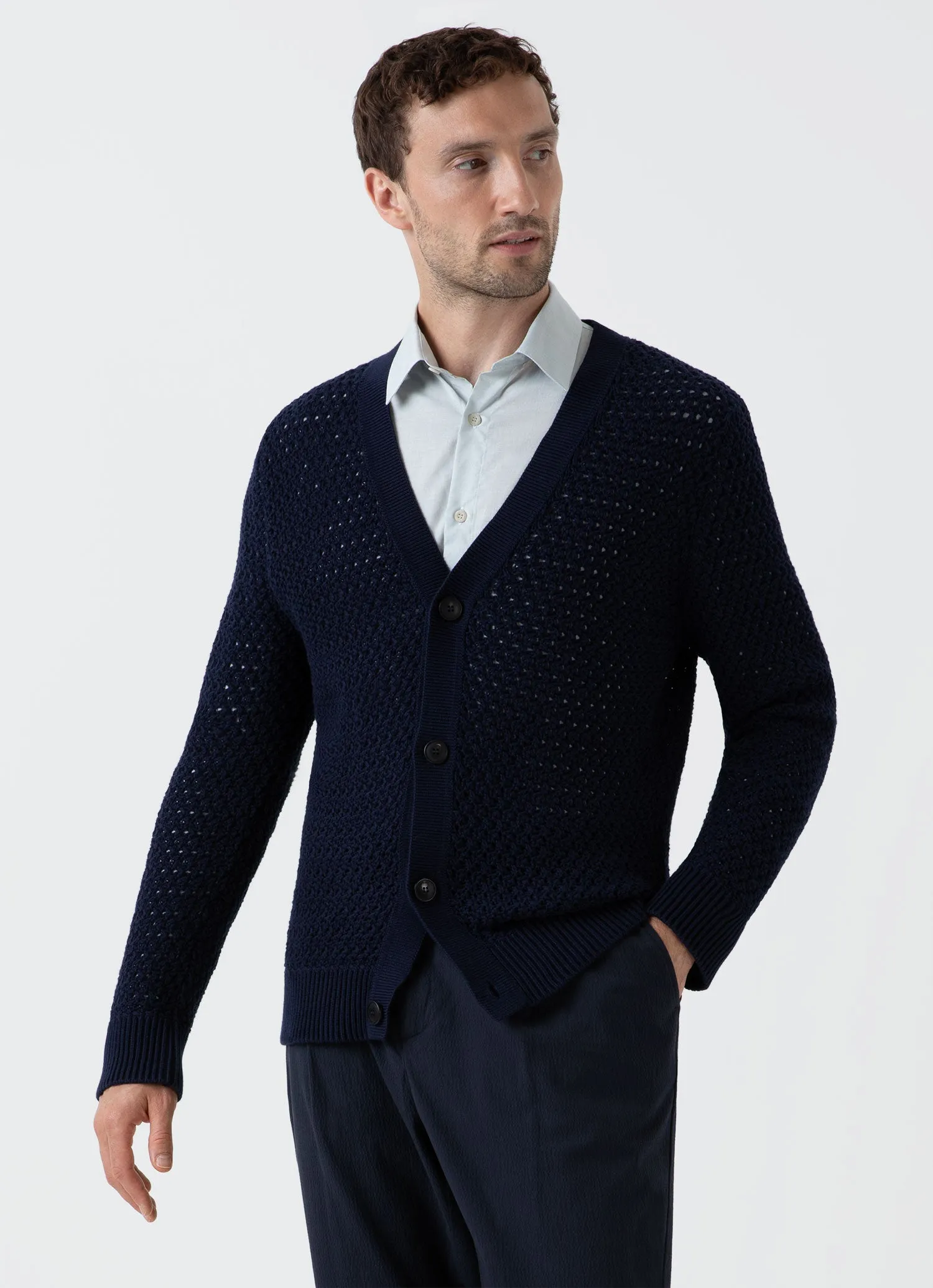 Navy Open Stitch Cardigan for Men