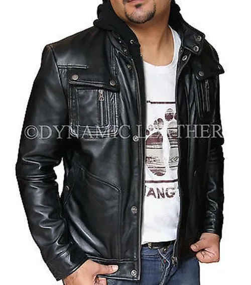 New Men's Motorcycle Brando Style Biker Real Leather Hoodie Jacket - Detach Hood