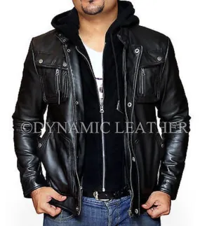 New Men's Motorcycle Brando Style Biker Real Leather Hoodie Jacket - Detach Hood