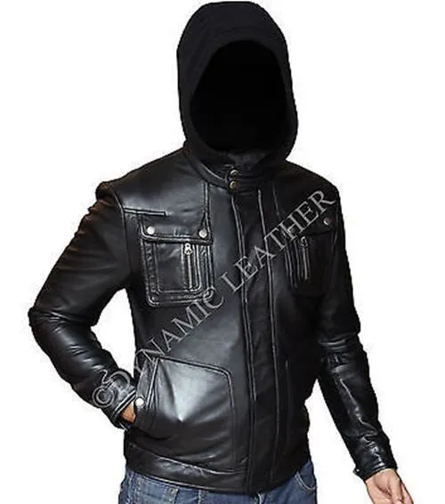 New Men's Motorcycle Brando Style Biker Real Leather Hoodie Jacket - Detach Hood