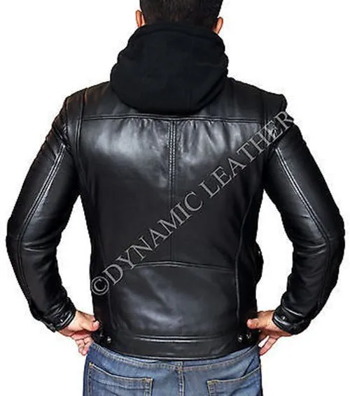 New Men's Motorcycle Brando Style Biker Real Leather Hoodie Jacket - Detach Hood