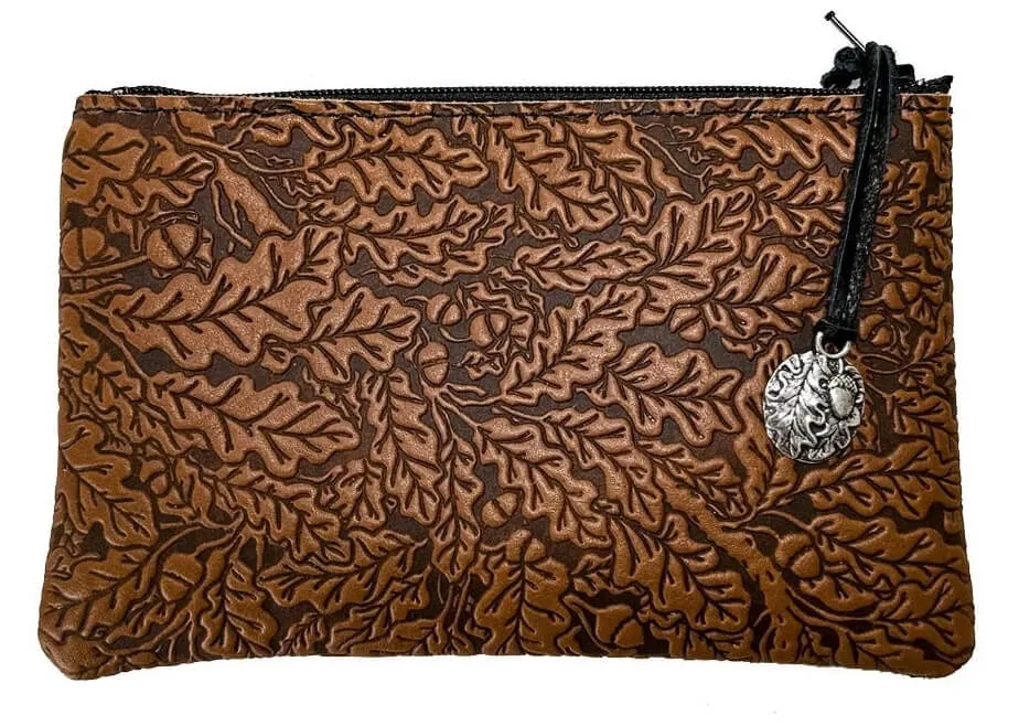 Oak Leaves Leather Zipper Pouch