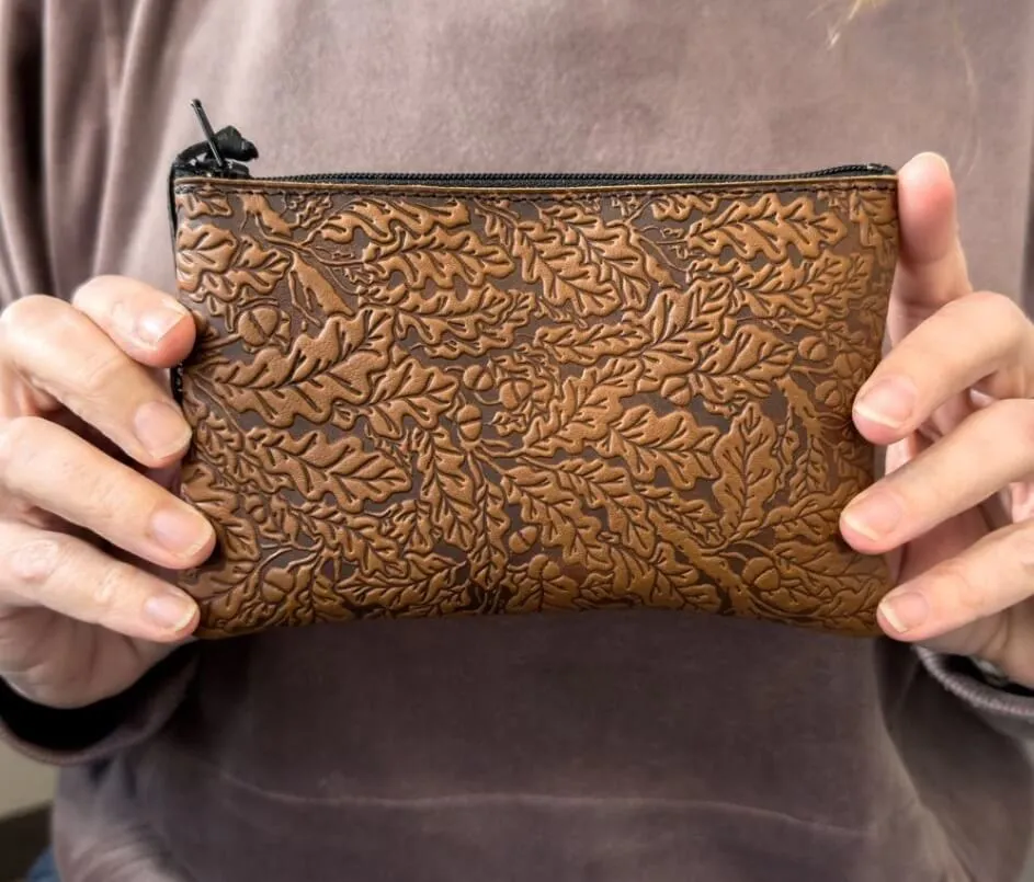 Oak Leaves Leather Zipper Pouch