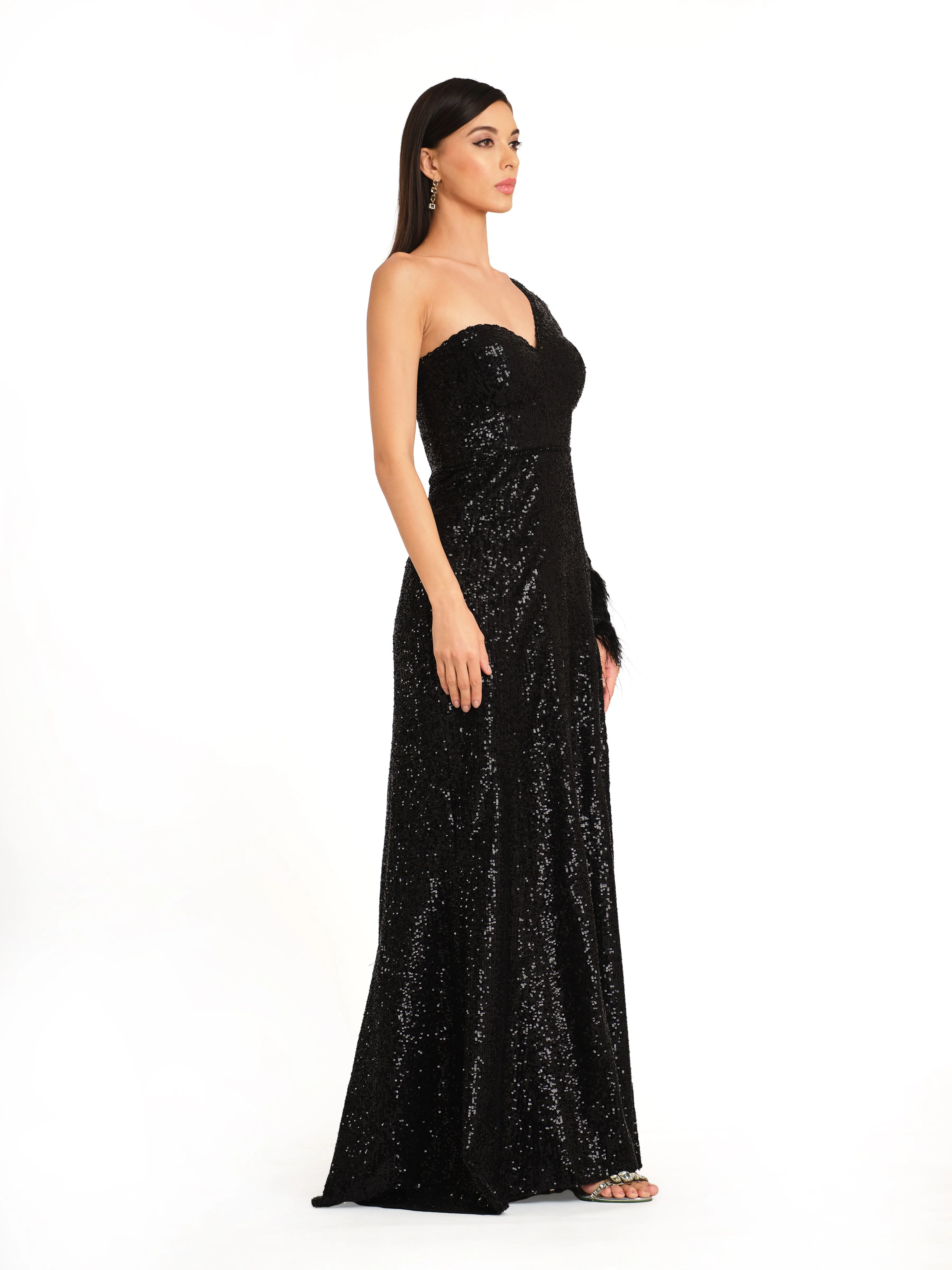 Off Shoulder Gown with Feather Detailing on sleeve cuff