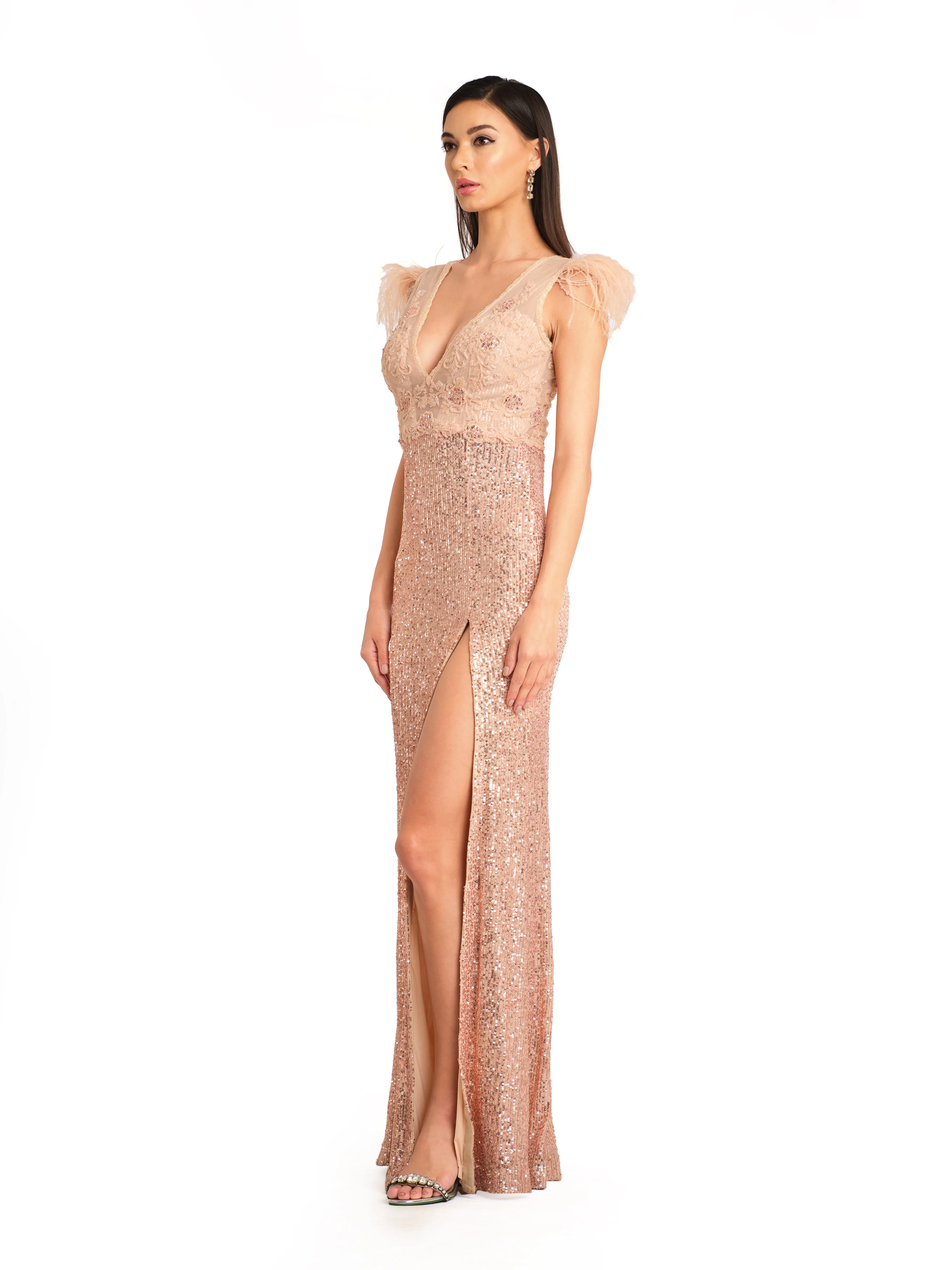 Peach Embroidered Bodice Gown with Feather Detailing.