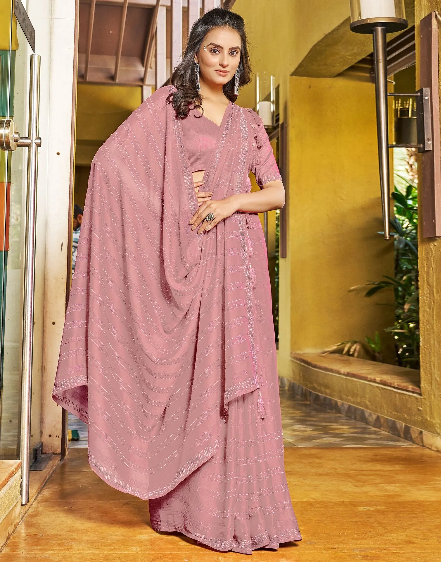 Peach Plain Chiffon Saree