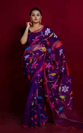 Peacock and Floral Motif Work Muslin Silk Jamdani Saree in Purplish Blue, Red and Multicolored Thread Work