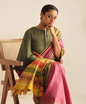 Pink And Green Handloom Tussar Silk Ikat Saree With Dhanapatra Design