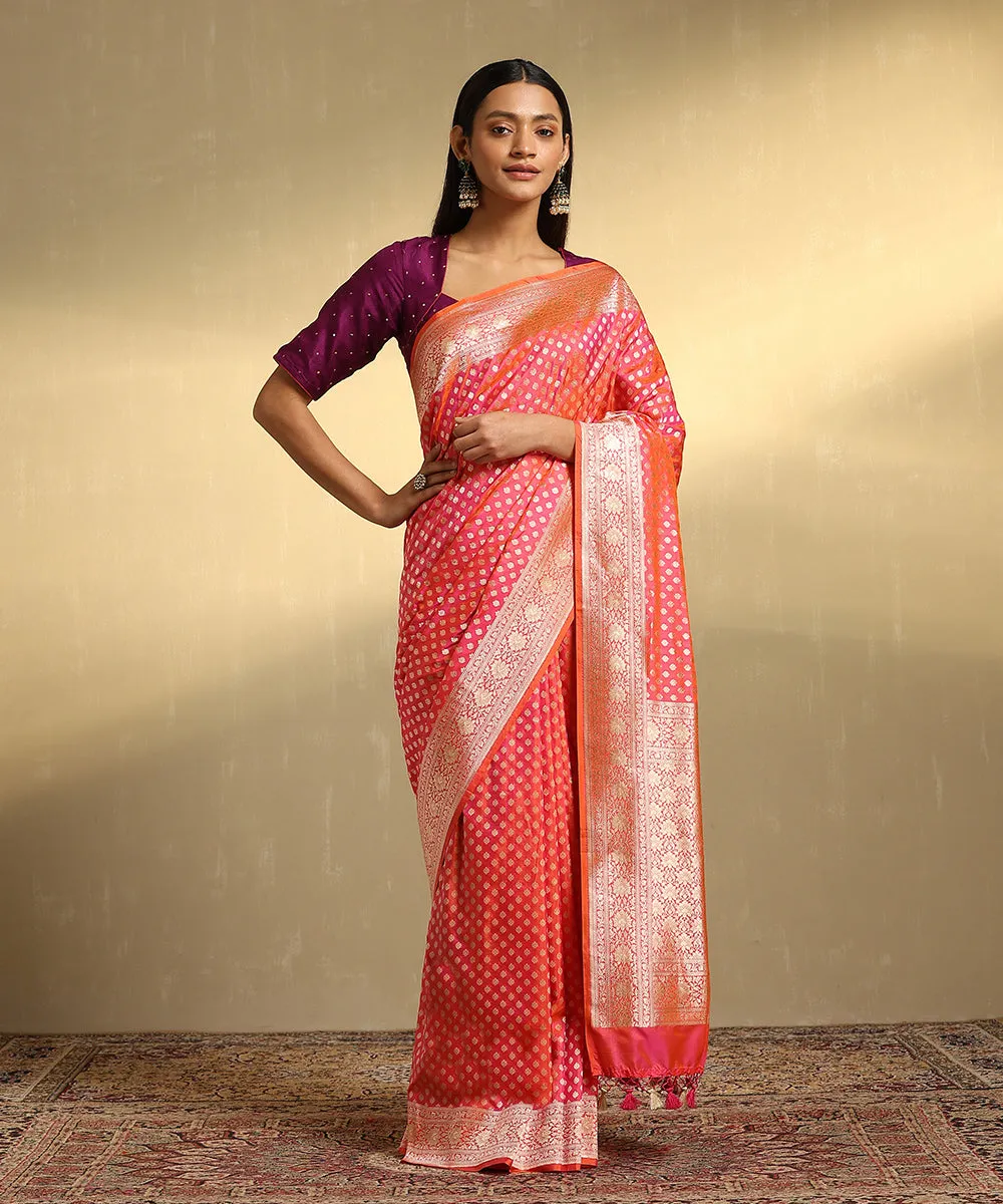 Pink And Orange Dual Tone Handloom Pure Katan Silk Jangla Banarasi Saree With Cutwork Booti