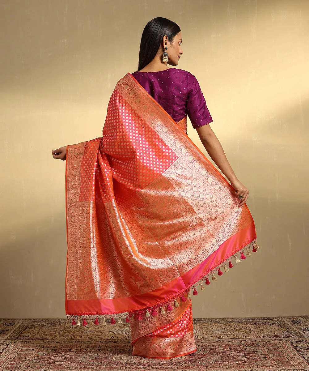 Pink And Orange Dual Tone Handloom Pure Katan Silk Jangla Banarasi Saree With Cutwork Booti