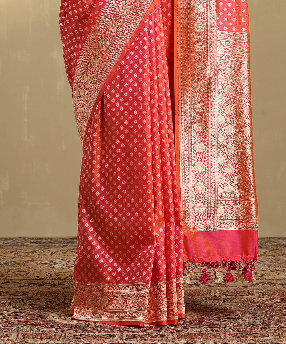 Pink And Orange Dual Tone Handloom Pure Katan Silk Jangla Banarasi Saree With Cutwork Booti