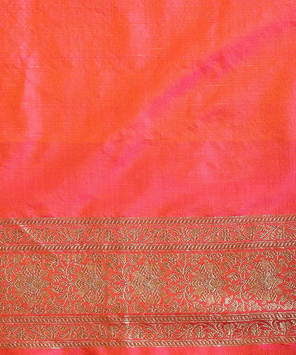 Pink And Orange Dual Tone Handloom Pure Katan Silk Jangla Banarasi Saree With Cutwork Booti