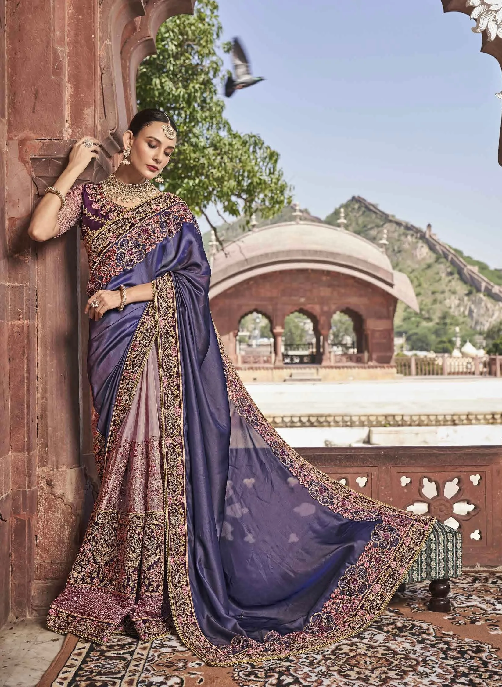 Pink and Violet Kalista Fashions Designer Saree